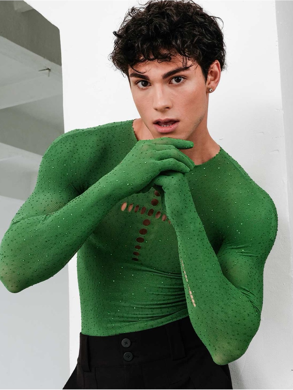 ORTTU Green Long-Sleeve Embellished Mesh Tee